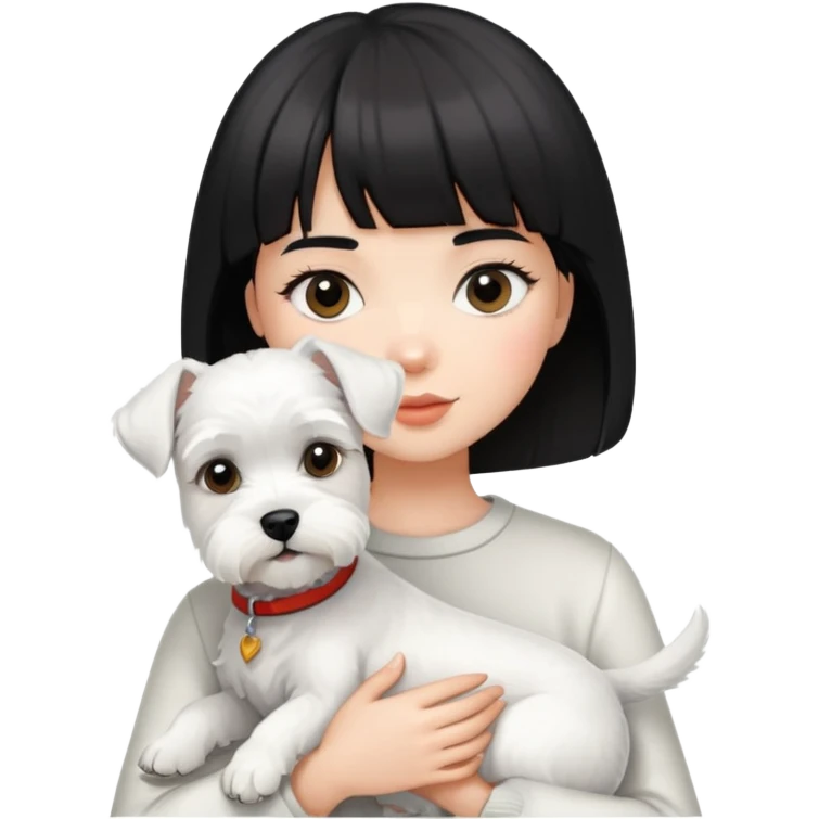 Girl with short black hair and bangs holding a white schnauzer dog emoji