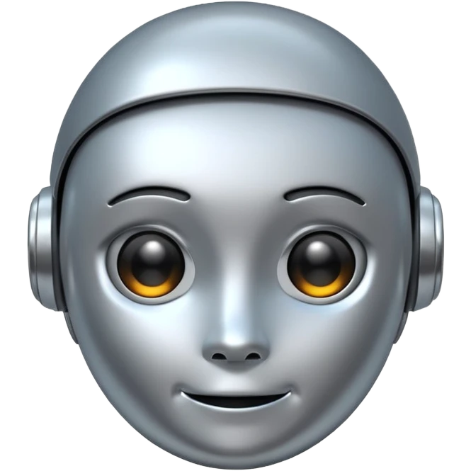 A cute futuristic robot emoji made of silver chrome, rounded friendly body, minimal facial features, glossy metallic surface, soft reflections, iOS emoji style, centered, clean white background emoji