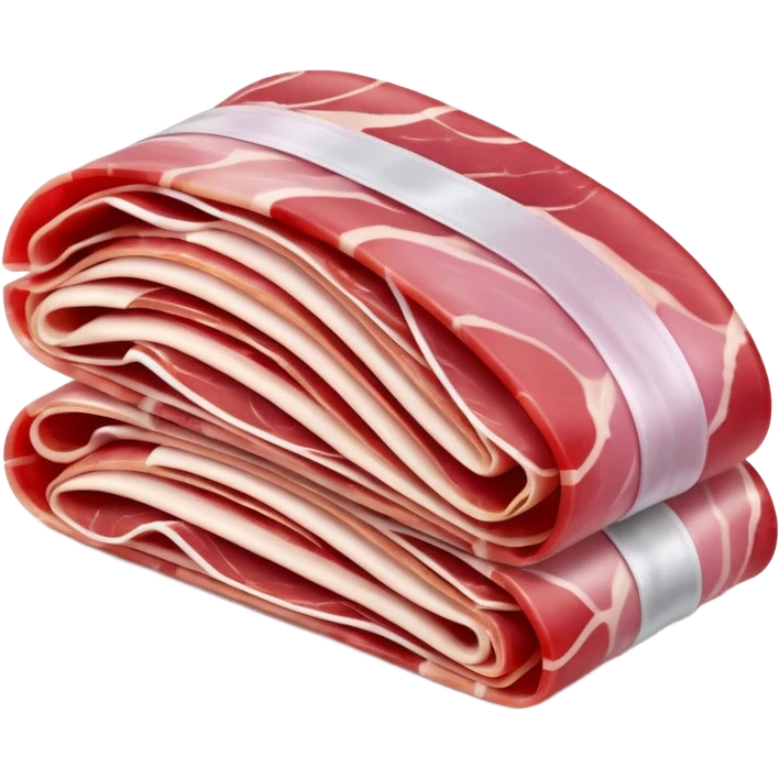Parma ham, one or two thin folded slices, rich pink to red, white fat ribbons, silky, translucent, curled or rippled, smooth creamy fat, marbled, clean 3D, soft shadows, transparent background, emoji scale emoji