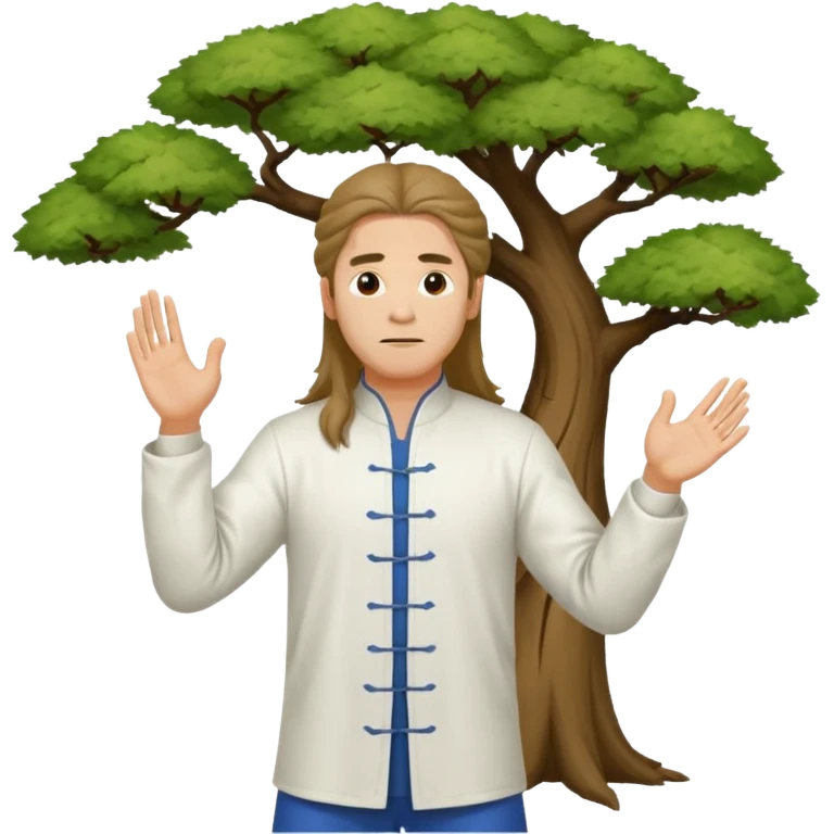 pratiquant de qi gong, homme aux cheveux long, en position de l'arbre, en tenue noire ou blanche emoji