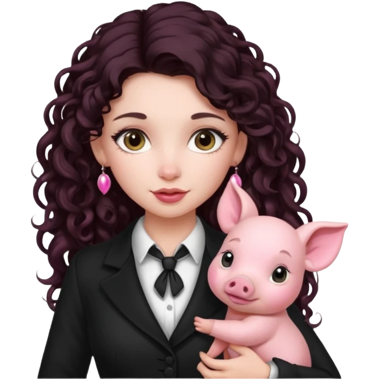 Ragazza bellissima sexy vestita bene capelli lunghi scuri con un piccolo maialino emoji