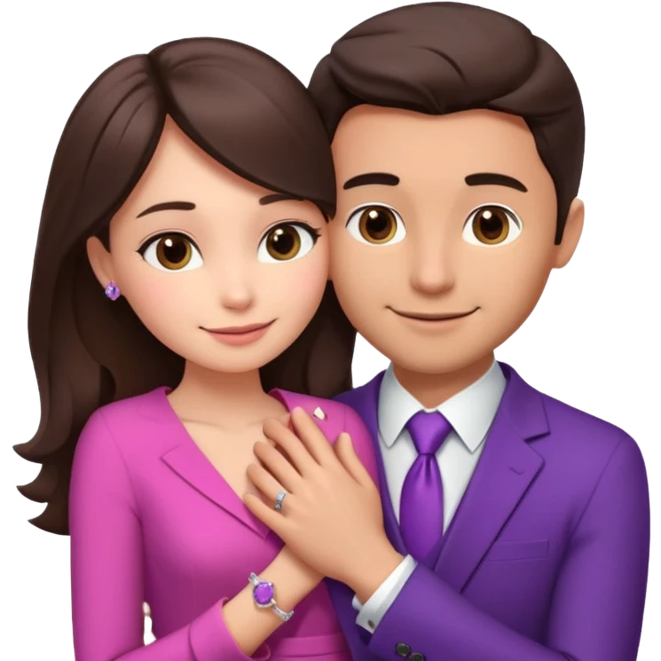Brunette girl, with an engagement ring on her finger hugging a handsome man, (her boyfriend) both of them happy, she’s wearing a pink dress, he is wearing a suit, he’s also a rich businessman, and there is the 💜 purple heart emoji on top. They look in love with each other emoji