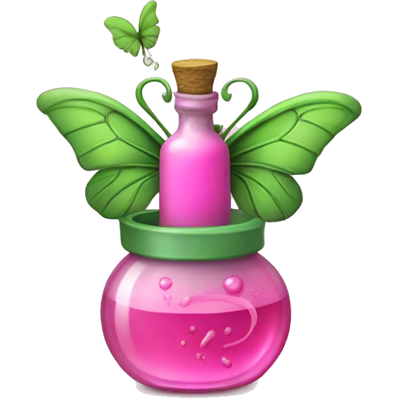 Pink potion with green vines wrapped around it with a pink butterfly sitting on top emoji