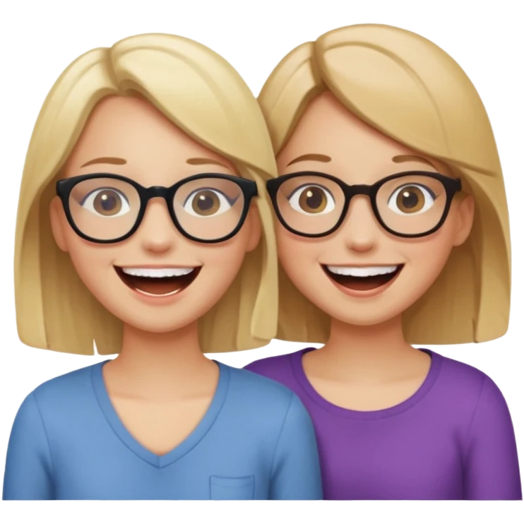 two girls laughing and having fun. one is blonde without glasses, another one is brown haired with glasses. they are supportive and cute emoji