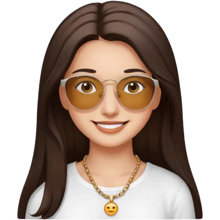 young woman with long dark brown hair, dark eyes, fair complexion, smiling, wearing white long-sleeved shirt, necklace, sunglasses on head emoji