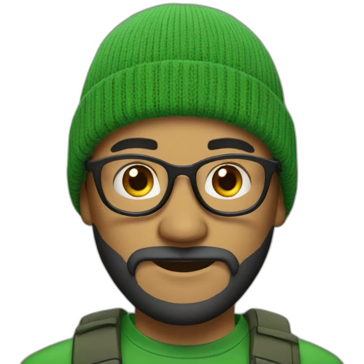 a man with beard, wearing green beanie and round glasses emoji