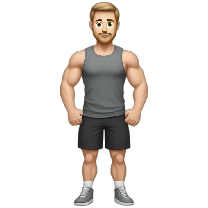Full height realistic Actively gesturing with hands Pale skinned Fit Man With the biceps and brown hair in dark gray Sleeveless Mike, black oversize sports shorts, watch and white Sneakers emoji