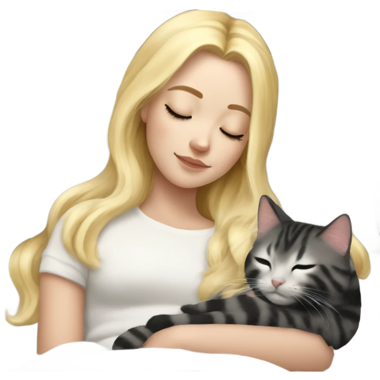 White girl blonde hair sleeping with kitty. kitty has black and white markings emoji