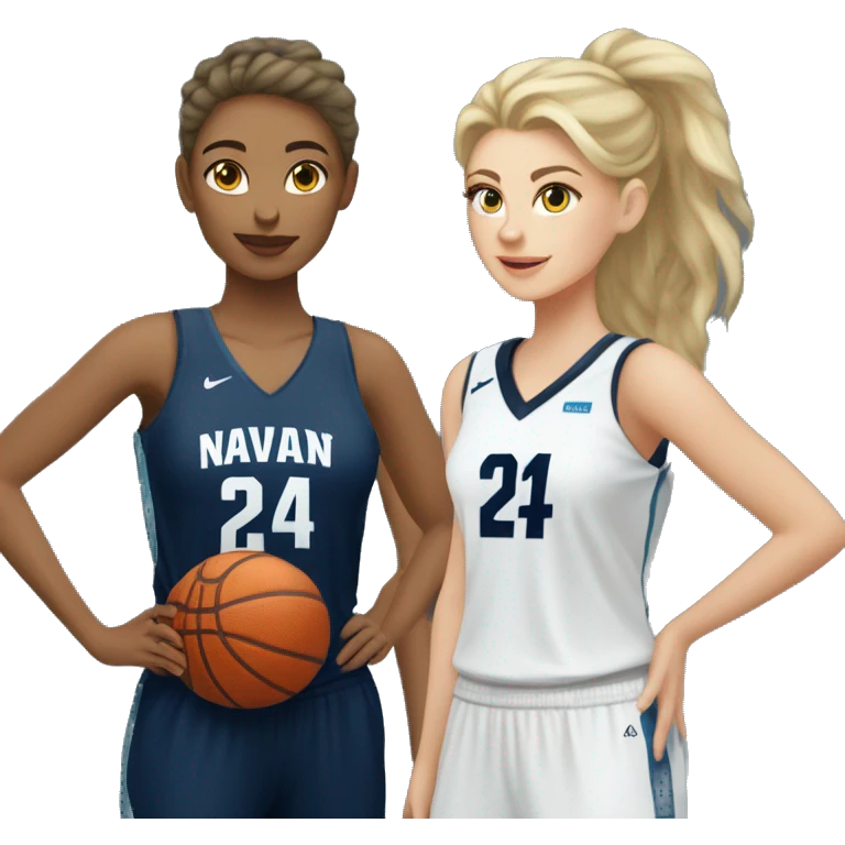 Basketball beautiful white female player from the back with navy blue jersey that has the number 24 holding a basketball on the side emoji