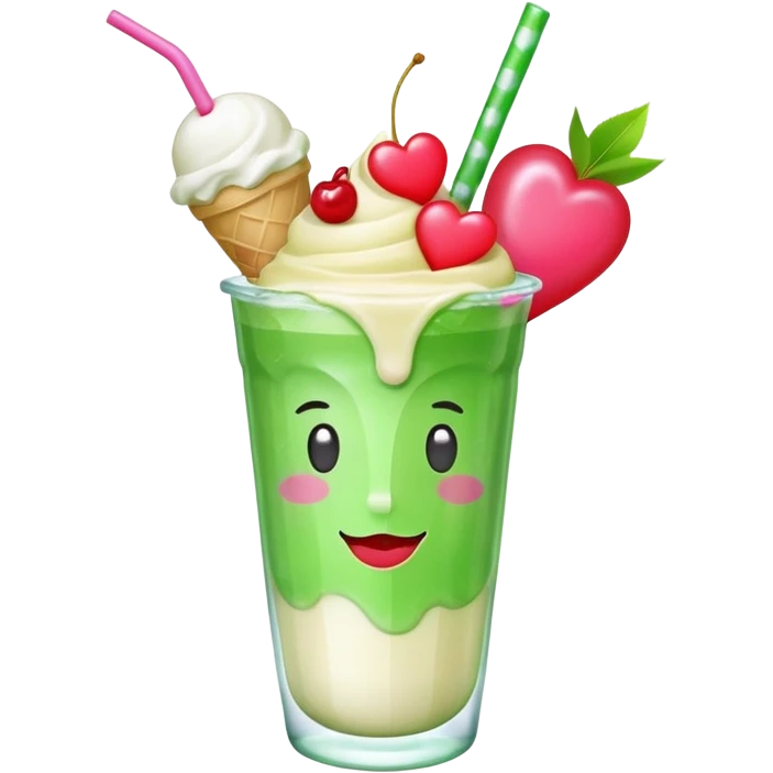 Cute emoji-style illustration of a green soda float with ice, vanilla ice cream scoop, two red cherries, pink heart-shaped straw, simple shapes, bright colors, glossy, kawaii style, centered, transparent background
 emoji