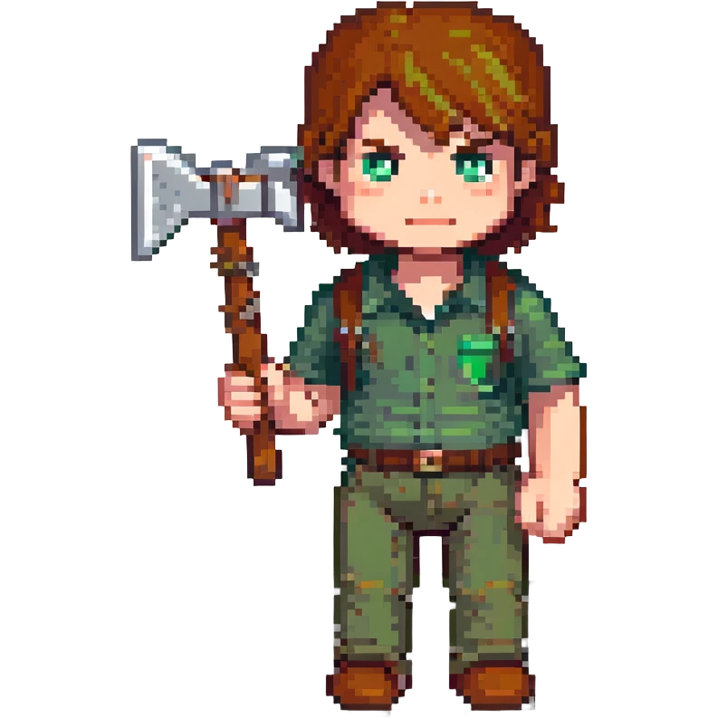 Minecraft character, pixel art style, blocky figure with brown hair and green shirt, holding a pickaxe emoji