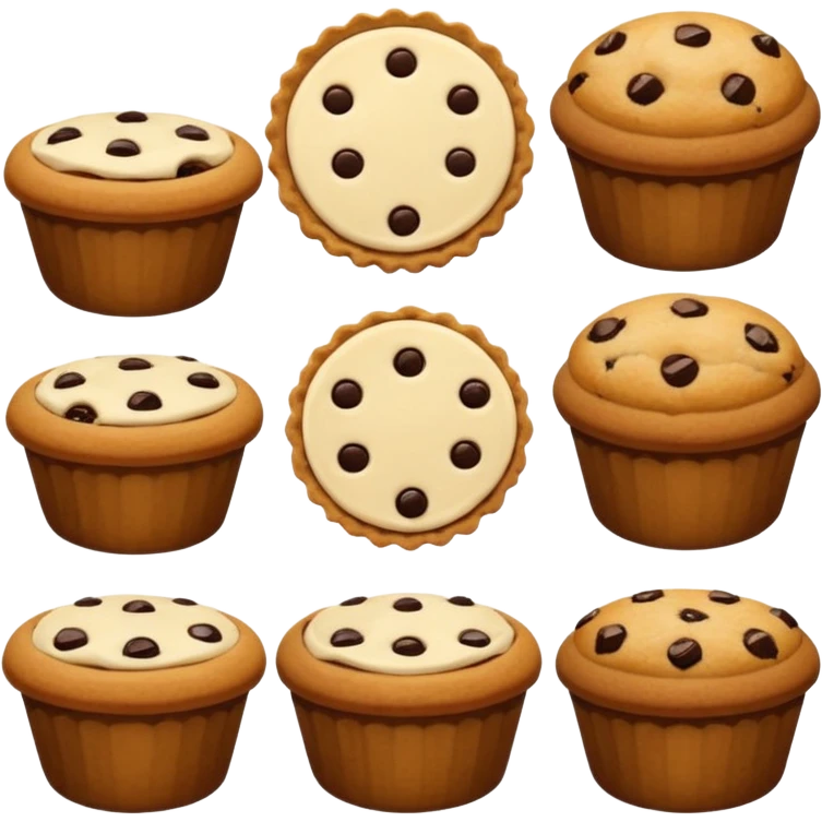 Baking humanless avatar in vibrant style illustration. Pie, cookie, and muffin warm golden tones, simple shapes, flat design, high contrast. emoji