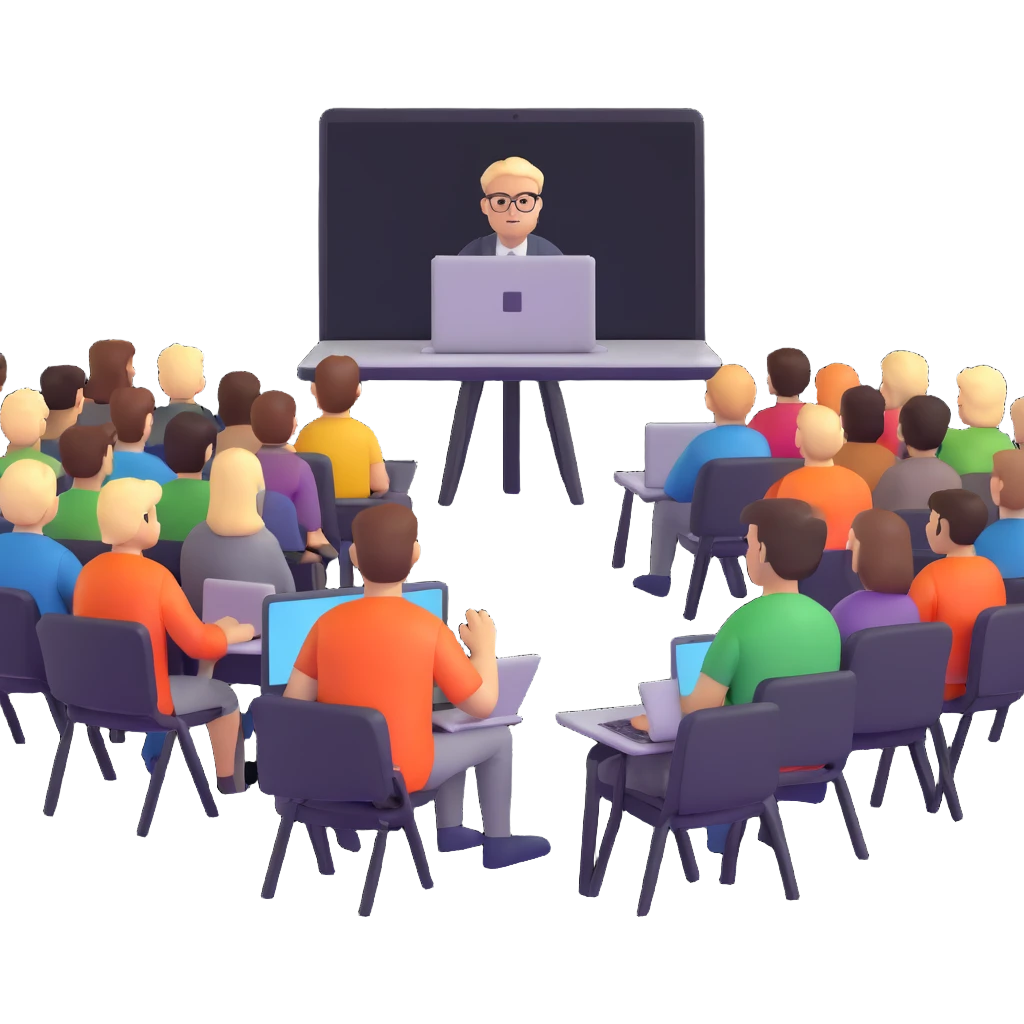 webinar scene with presenter on a laptop screen and audience watching emoji