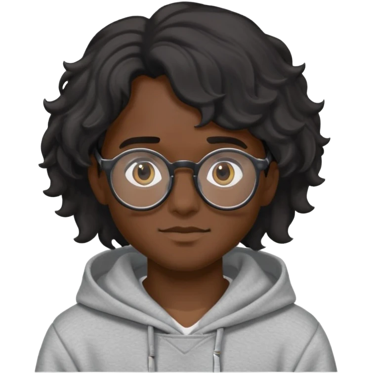 Um garoto de cabelo preto e médio e ondulado com um óculos preto redondo e um moletom cinza.  emoji