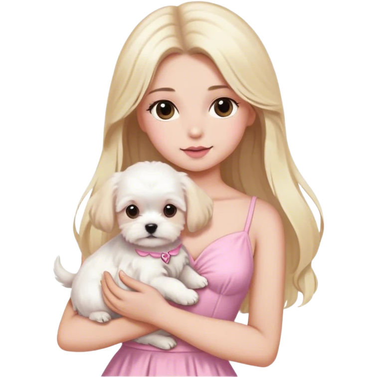 Blonde long hair brown eyes woman with white maltese puppy with pink dress emoji