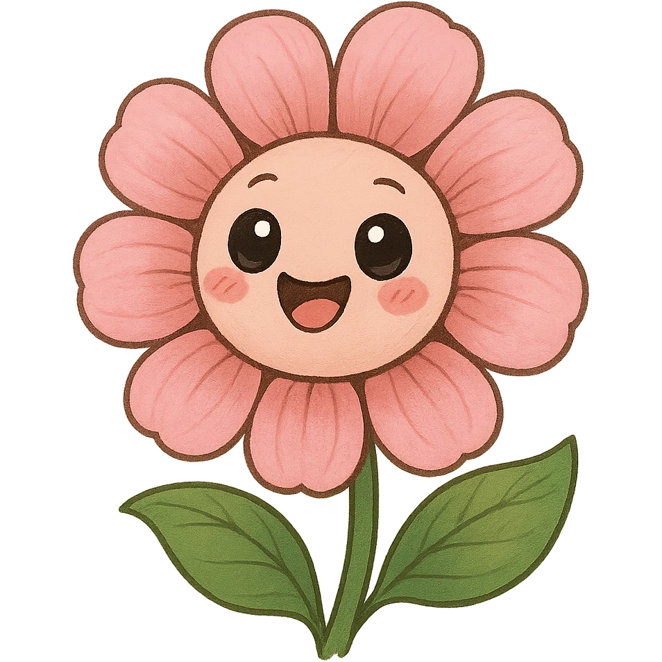 a cute pink flower, original design, big eyes, blushing cheeks, joyful emoji