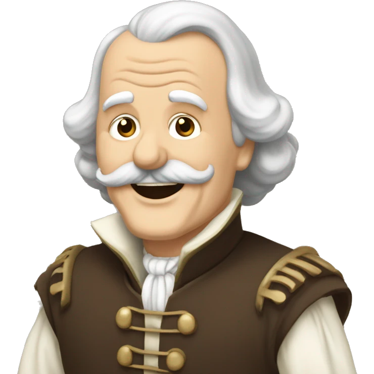 Short pudgy old man over enthusiastic happy excited face bald forehead long wavy gray and brown brunette long wavy hair moustache Shakespearean dress vintage clothes hamlet small arms emoji