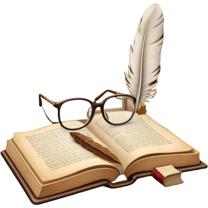 An icon featuring an open book with classic text, a feather quill, and reading glasses, symbolizing literary studies. The design includes old library shelves and vintage manuscripts in the background. Transparent background emphasizes the deep analysis of written works and literary history. emoji