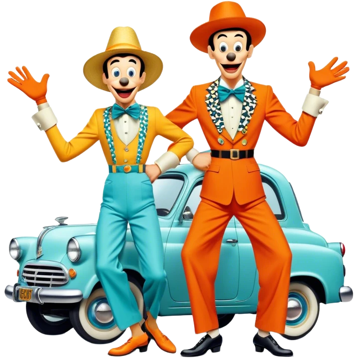 A vintage movie poster-style design with two goofy characters in outrageous outfits, showing exaggerated, silly expressions. Include elements like a goofy car, ridiculous props, and comical facial expressions. Retro comedic style with vibrant colors. Transparent background. emoji