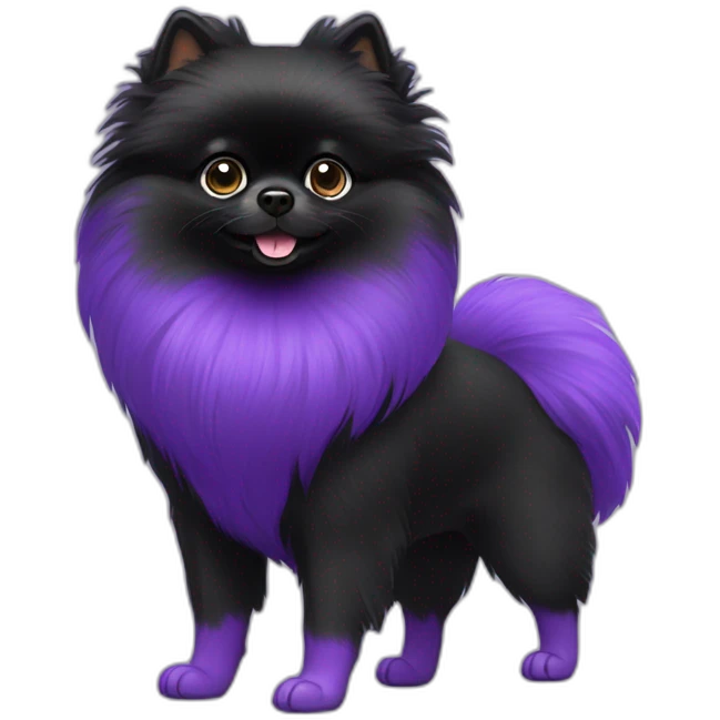 Black Pomeranian wearing purple shoes emoji