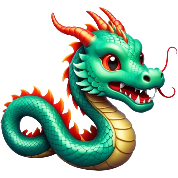 Cinematic Cute Chinese Serpent Dragon Portrait Emoji, Head tilted playfully and inquisitively, showcasing a slender, flowing body with vibrant jade scales and soft vermilion accents intertwined with whimsical wisps of cloud and water details; rendered with realistic finesse and warm natural light, high shine, charming and spirited, styled with a touch of mythic whimsy, soft glowing outline, capturing the essence of a mischievous yet endearing celestial dragon poised to weave magic into your dreams! emoji