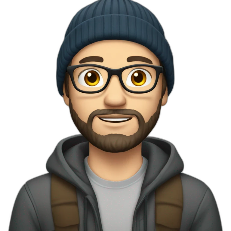 young dark-haired white man with a beanie, glasses and beard emoji