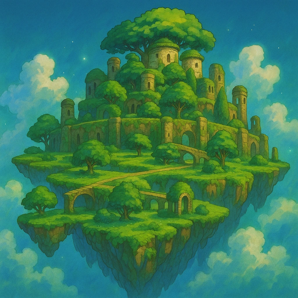 Laputa from 'Castle in the Sky' by Studio Ghibli, Ghibli-inspired cartoon style, floating gardens, stone towers, mystical vibe emoji