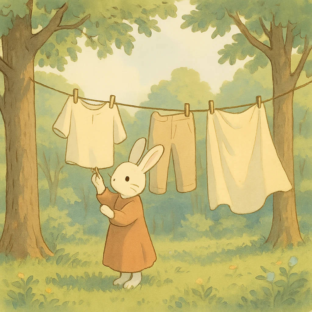 bunny hanging laundry between trees, calming domestic forest feel, soft pastel colors, flawless, high quality, no imperfections emoji
