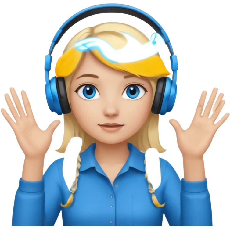 girl with blonde hair and blue eys with heands telling what, having heaphones on head emoji