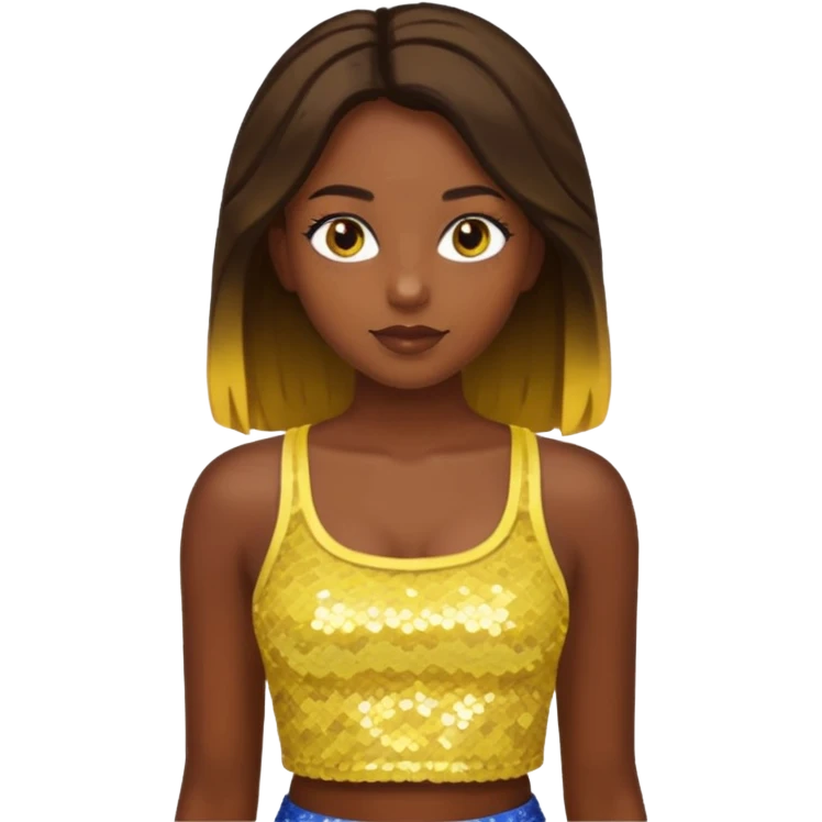 Sasha from Bratz with long light dark brown hair, dark skin, hazel eyes, yellow sequin crop top emoji