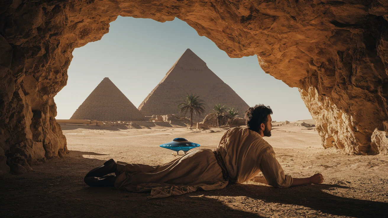 cinematic still, documentary photography, acient egypt, back shot of a man dress in ancient clothes in cave (frame in frame effect) on ground laying front of small ufo starship, palms, dynamic scane, leading lines, captured by arri alexa, depth layers, piramids in babckground emoji