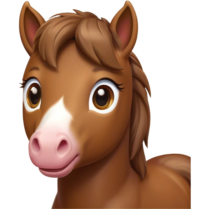 Cinematic Cute Brown Welsh Pony Portrait Emoji, Head tilted playfully and inquisitively, featuring a compact, charming form with a glossy, deep brown color, round, sparkling eyes full of gentle mischief, and a sweet, soft muzzle, Simplified yet irresistibly adorable features, highly detailed, glowing with a warm, inviting glow, high shine, affectionate and lively, stylized with a touch of rustic whimsy, soft glowing outline, capturing the essence of a mischievous yet endearing brown Welsh pony that seems as if it could prance out of the screen into your arms! emoji