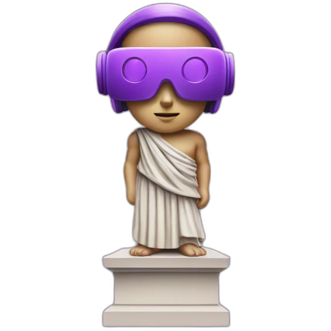 an EMOJI OF A ancient young greek statue, wearing VR headset, purple colors, DIGITAL UNIVERSE emoji