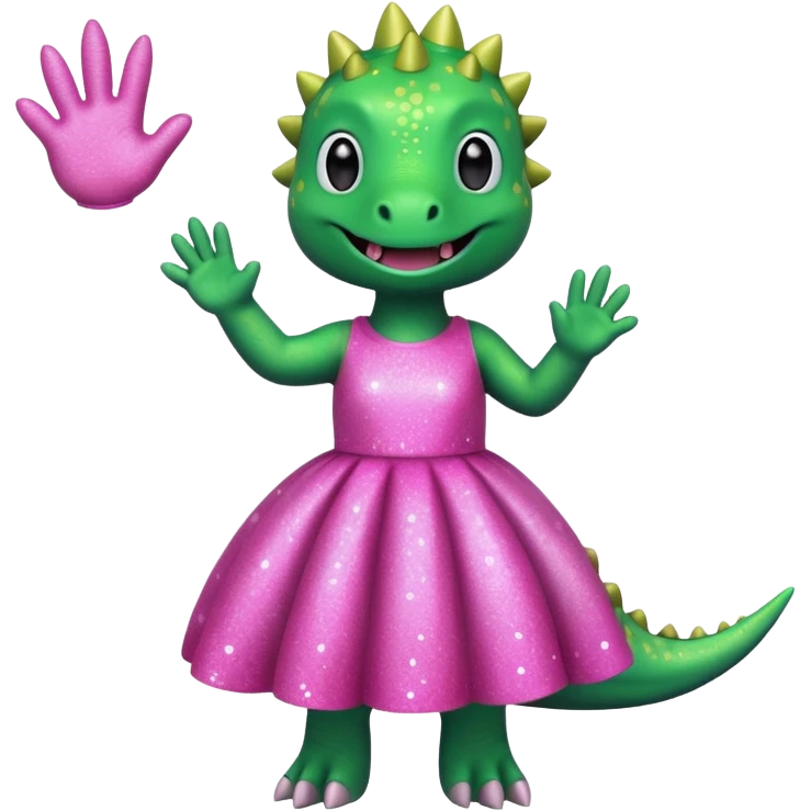 dino in a pink sparkly dress, waving emoji