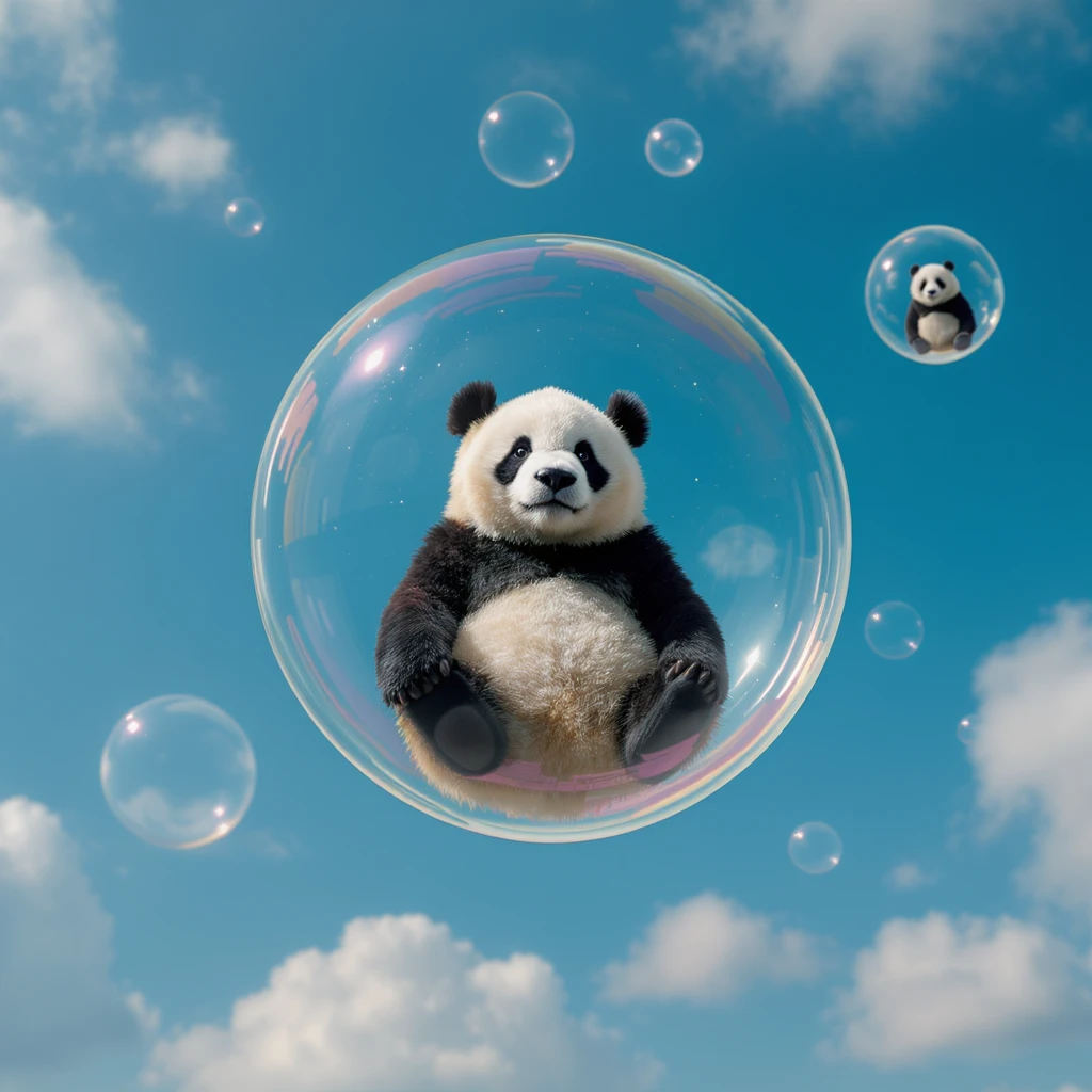 Minimalistic Cinematic still of pandas bears sitting inside flying bubbles, blue sky filling background  emoji