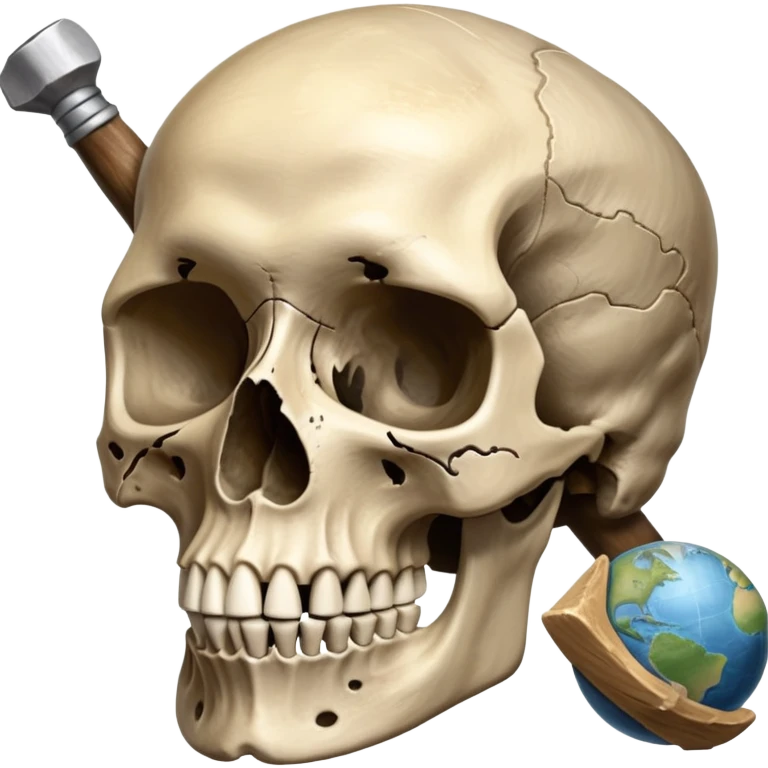 An icon featuring a human skull and fossilized bones, symbolizing the study of anthropology. The design includes archaeological tools like a pickaxe and brush, with a background of ancient artifacts and a globe. Transparent background emphasizes the exploration of human history and evolution. emoji
