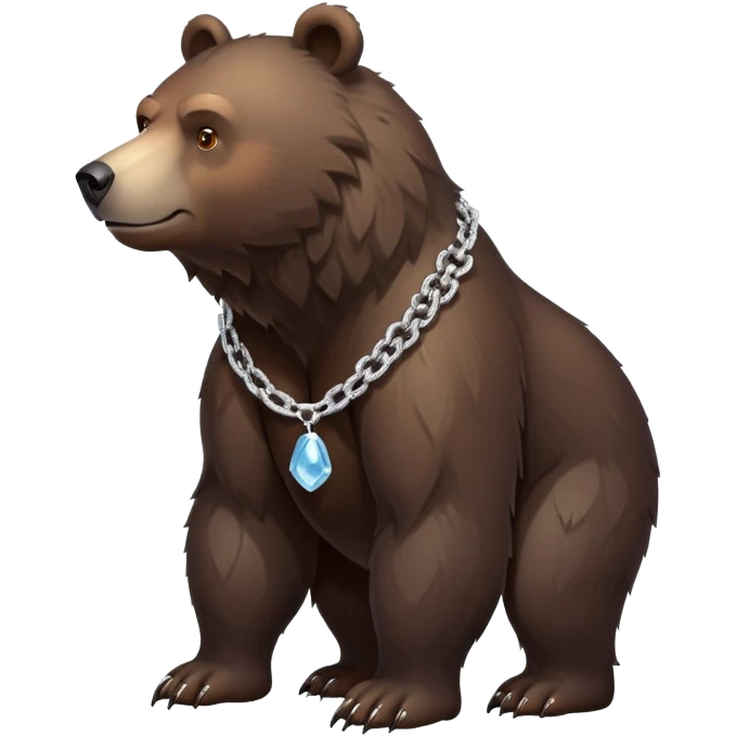 Full-body dark brown bear on all four legs looking slightly forward, complete view from head to tail, very realistic fur, ice chain necklace emoji