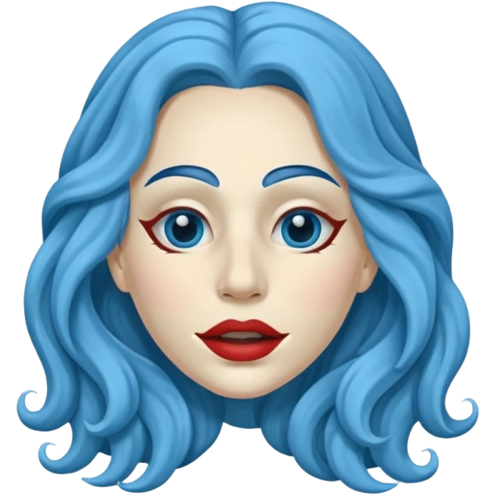 Life like mask of female with long wavy blue hair, empty eyes and mouth emoji