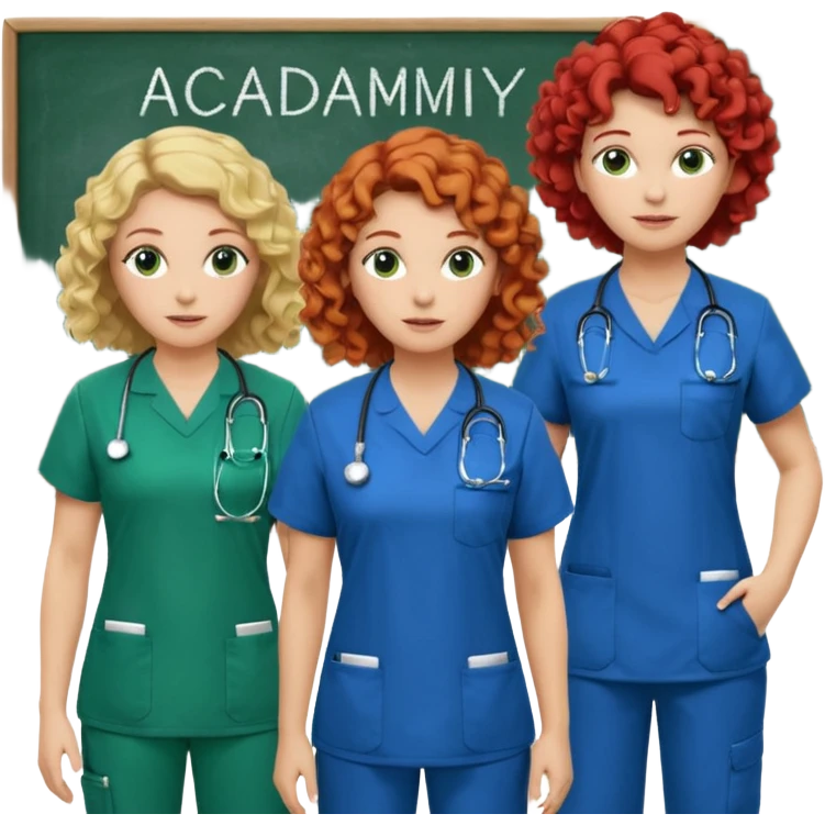 3 nurses: nurse 1 is wearing green work clothes, curly hair, middle european. nurse 2 is wearing blue work clothes, blond hair, scandinavic, nurse 3 is wearing white work clothes, red hair. they all stand in a classroom, "Academy" written in white on board emoji