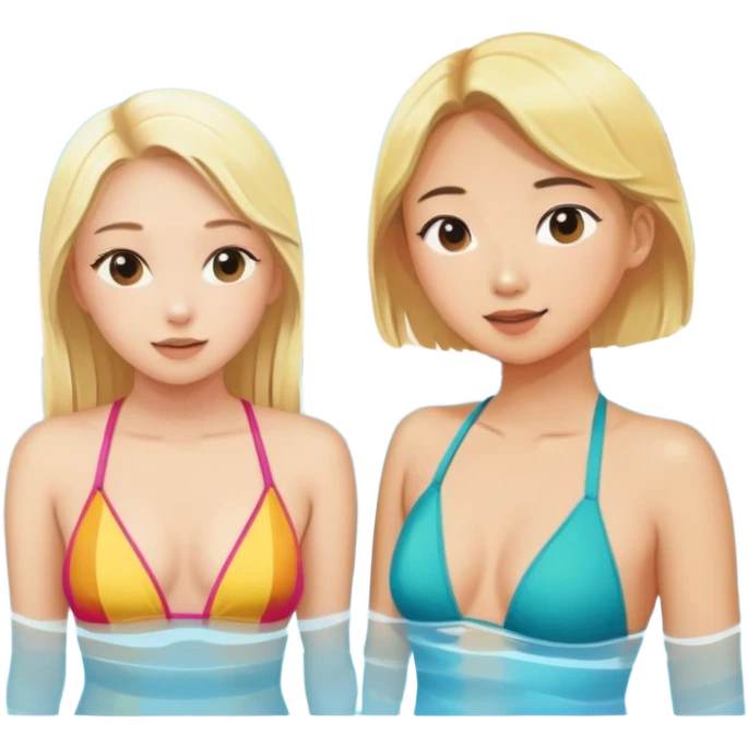 Blonde girl wearing a bathing suit and an Asian girl wearing a bathing suit on the pool side, watching the view tanning emoji
