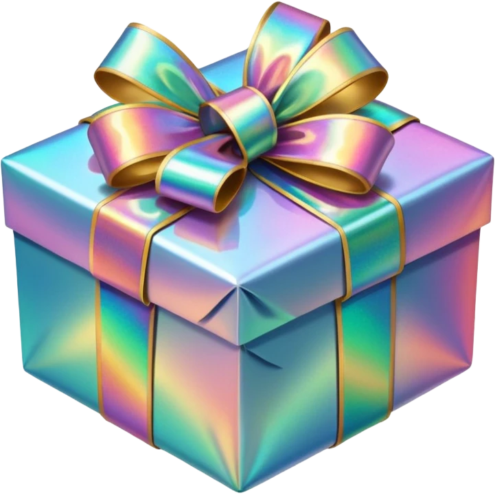 Hyperrealism  wrapped christmas gift, with realistic detailed iridescent holographic ribbon emoji
