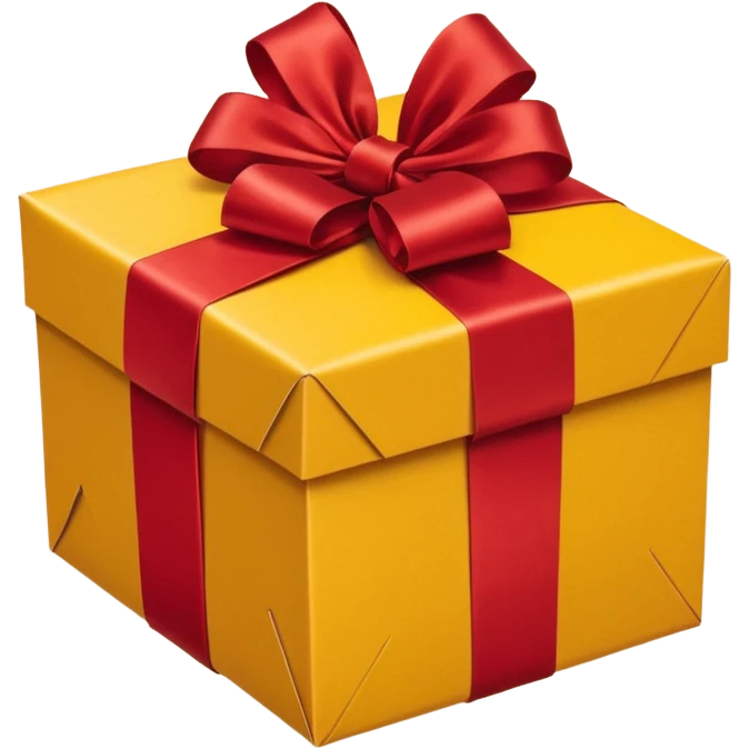 box with yellow wrapping paper and a length of red ribbon surrounding it on the ground so you can see most of the box's cardboard emoji