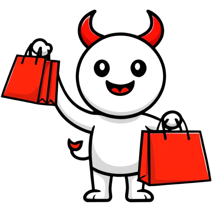 Devil character with shopping bags, excited about shopping emoji