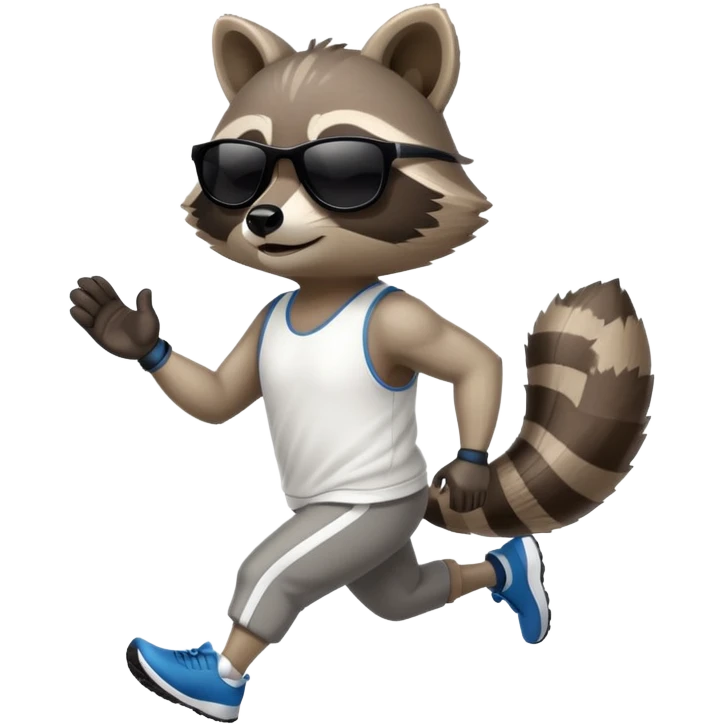 friendly anthropomorphised raccoon in sports wear, wearing dark sunglasses, jogging upright, mafia style emoji