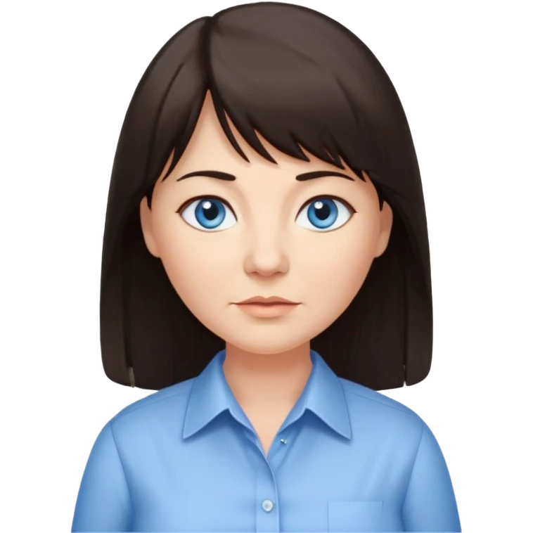 50 yr old woman, blue eyes, long straight dark brown hair, business shirt, chubby, bangs emoji