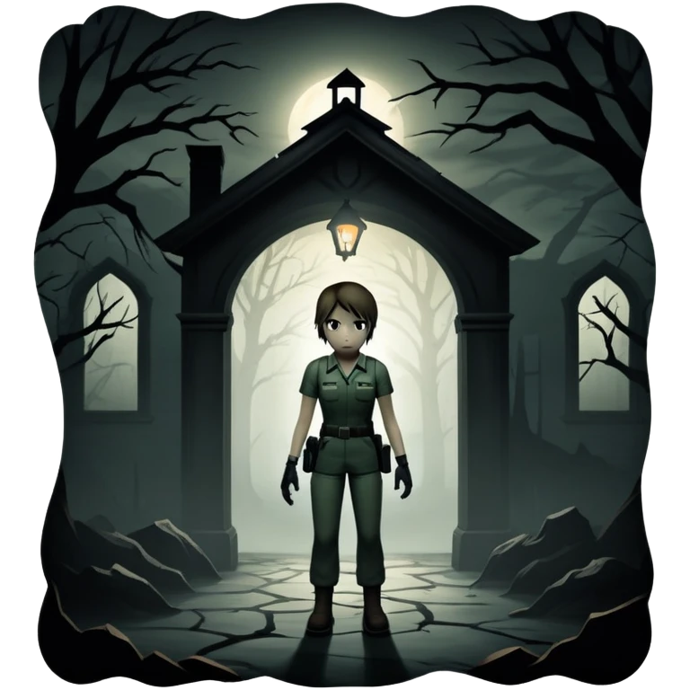 An icon featuring a dark, eerie atmosphere with a spooky environment, inspired by horror games like Resident Evil. The design includes ominous lighting, creepy shadows, and a silhouette of a character in distress. Transparent background enhances the chilling vibe of the scene. emoji