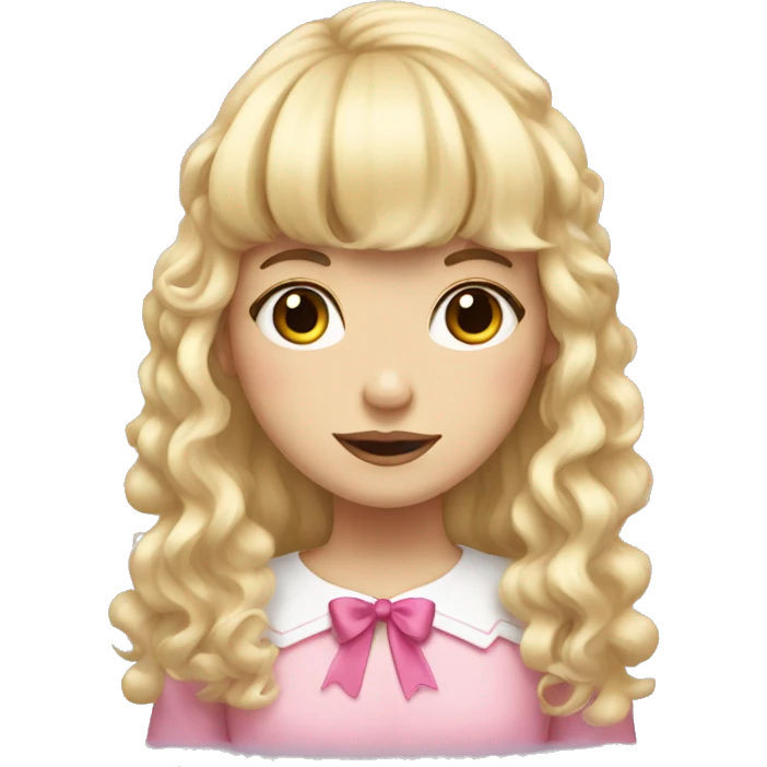 Blonde, pale girl with bangs and curly, long hair with pink bows  emoji
