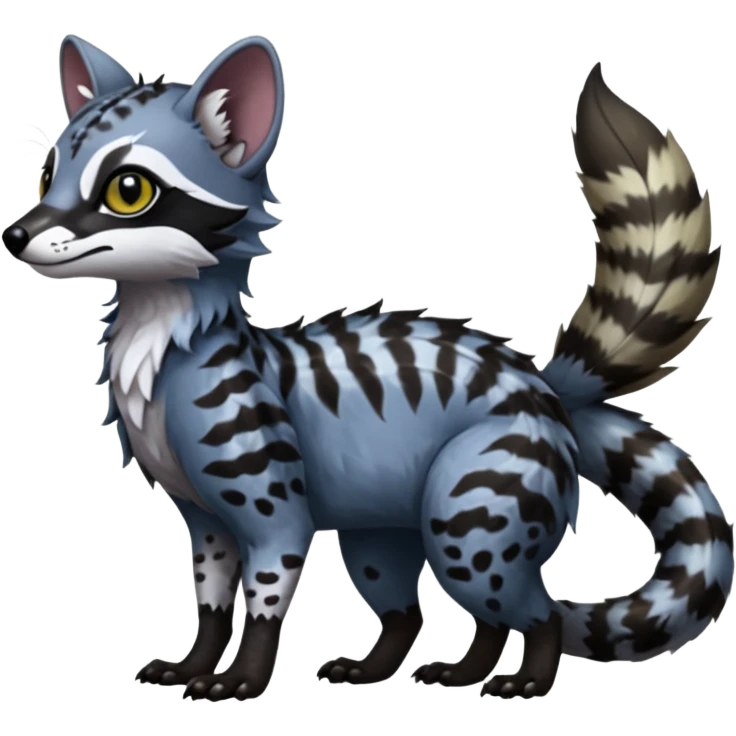 Colorful dark tropical exotic cute cool beautiful shiny beautiful fantasy-civet-genet-sergal-vernid-Gryphon-Cacomistle-Trico-oncilla-animal-Fakémon-hybrid-fursona (full body) emoji