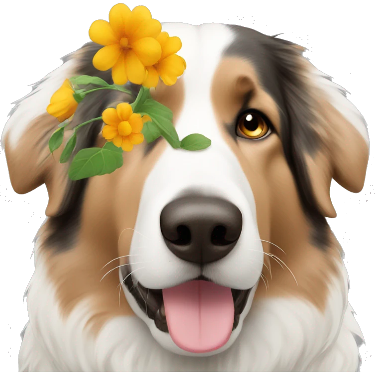 Black white and brown Austrian Shepherd smelling a flower emoji