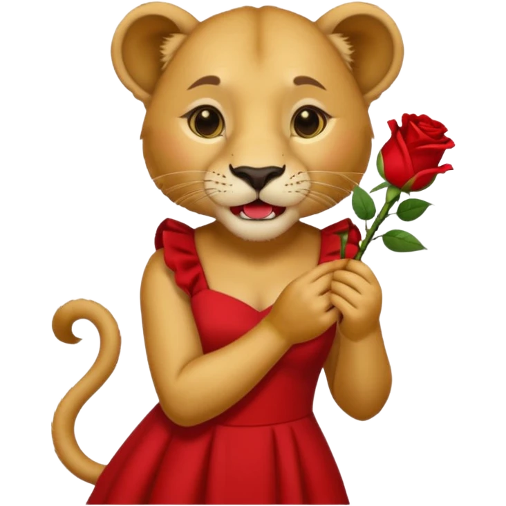 A lioness wearing a red dress with a rose in her mouth ￼ emoji